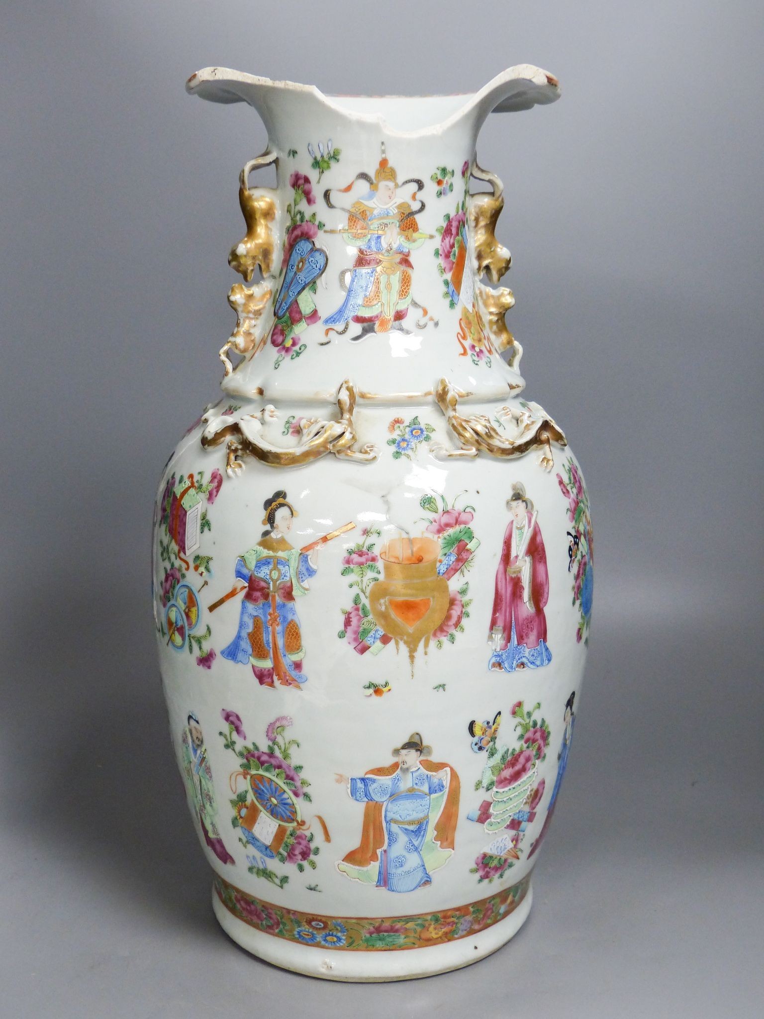 A Chinese famille rose vase, 19th century, neck a/f, 42.5cm